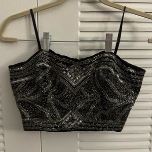 Strapless beaded black velvet top